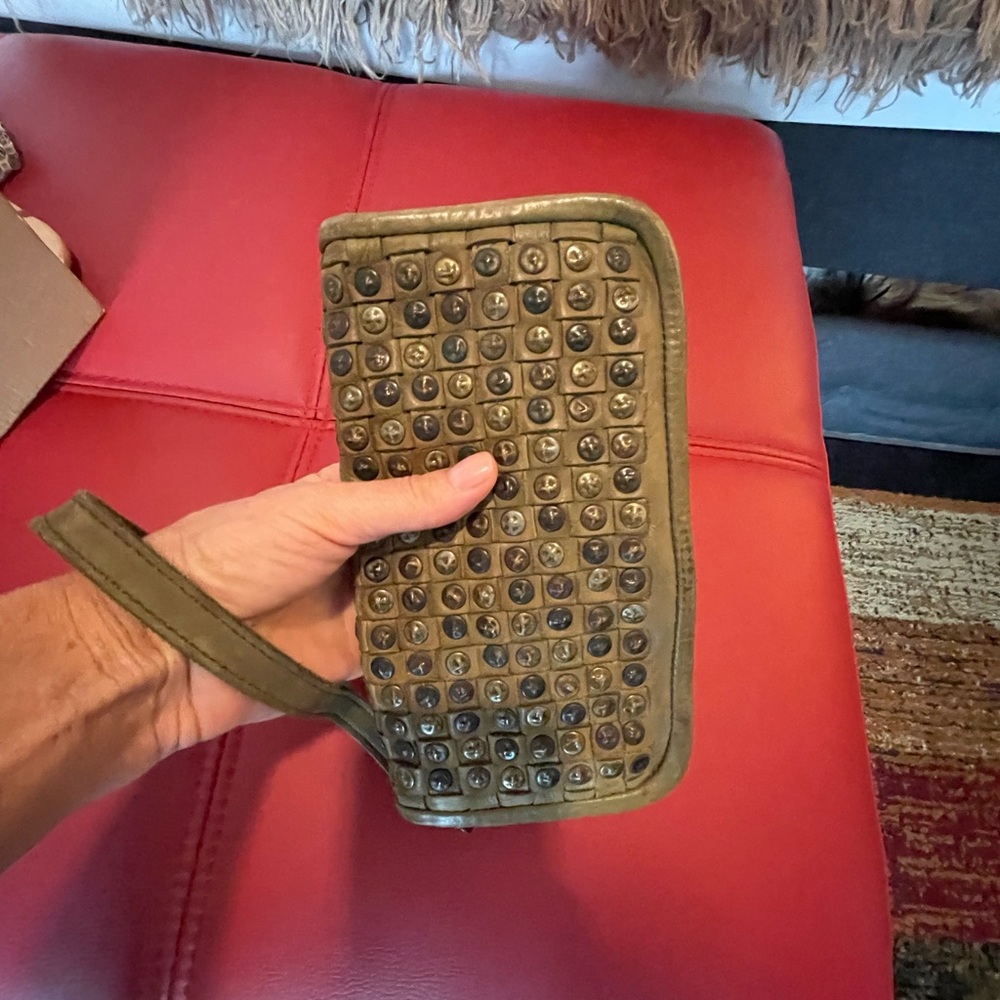Olive green leather studded wristlet wallet